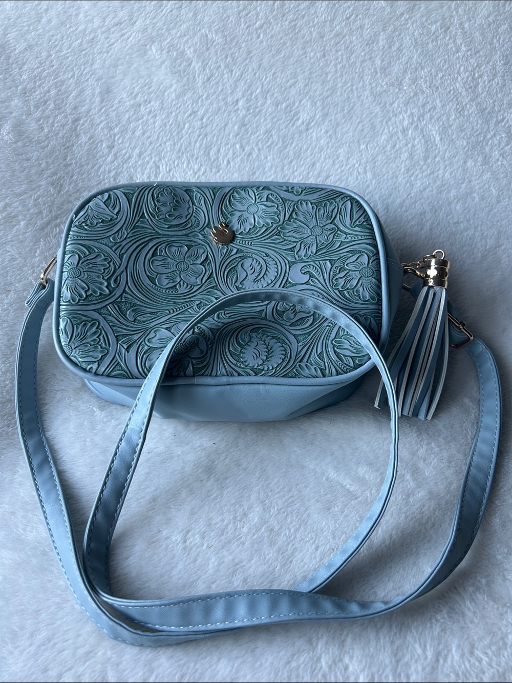 Gloria Vanderbilt dusty Blue Floral Embossed Crossbody Bag with Tassel